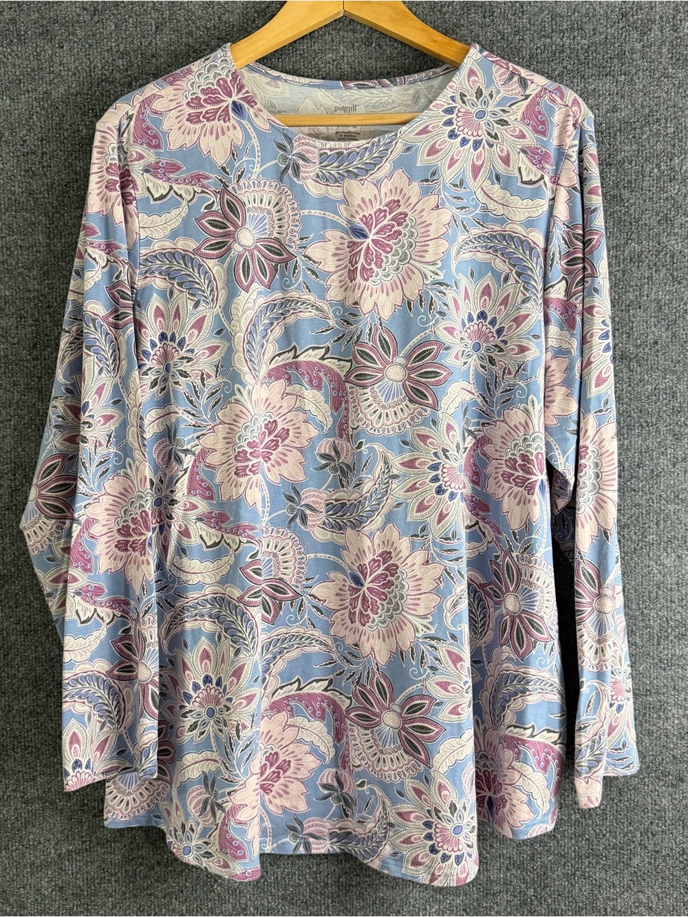 J Jill PureJill Women’s 2X Long Sleeve Shorttail Tee Pink Blue Floral Paisley